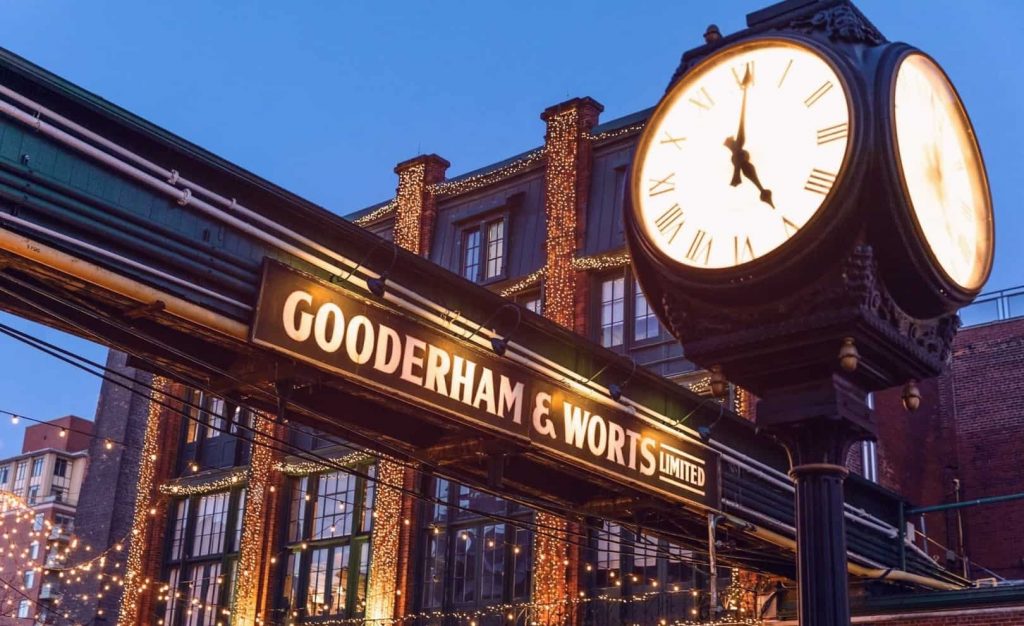 A clock on the background of the Gooderham and Worts Limited sign and a tall building decorated with glowing balls